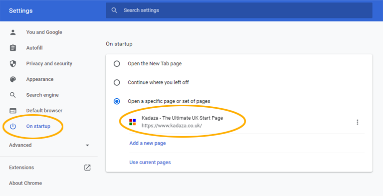 Illustration instructions to change start up page in Chrome