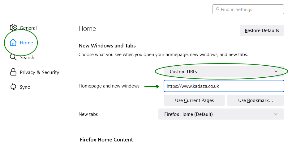 Firefox Instruction to change the homepage